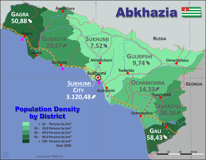 Karte Abchasien - Verwaltungsstruktur - Bevölkerungsdichte 2020