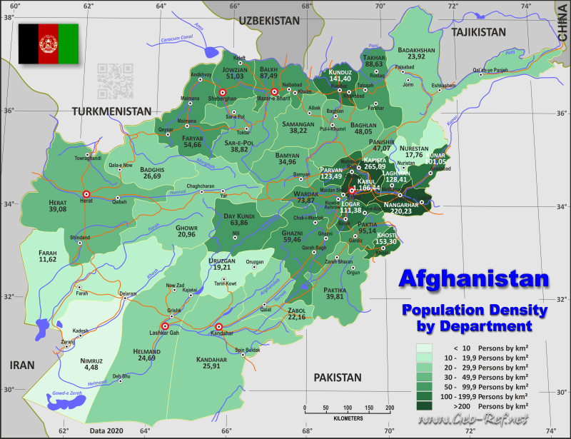 Mapa Afganistn Divisin administrativa - Densidad de población 2020