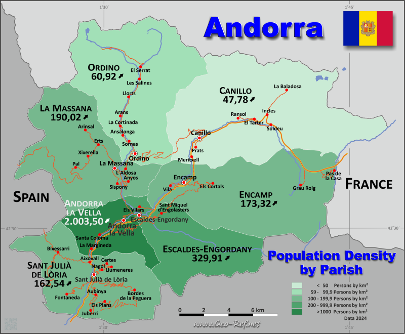 Mapa Andorra Divisin administrativa - Densidad de población 2024