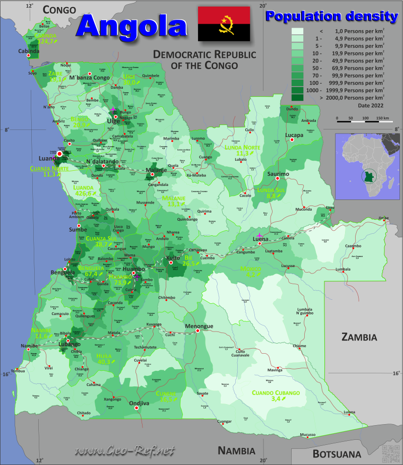 Mapa Angola División administrativa - Densidad de población 2022