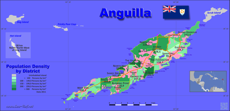 Mapa Anguila Divisin administrativa - Densidad de población 2020