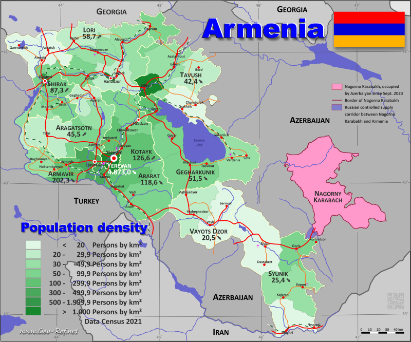 Map Armenia - Popultion density by administrative division