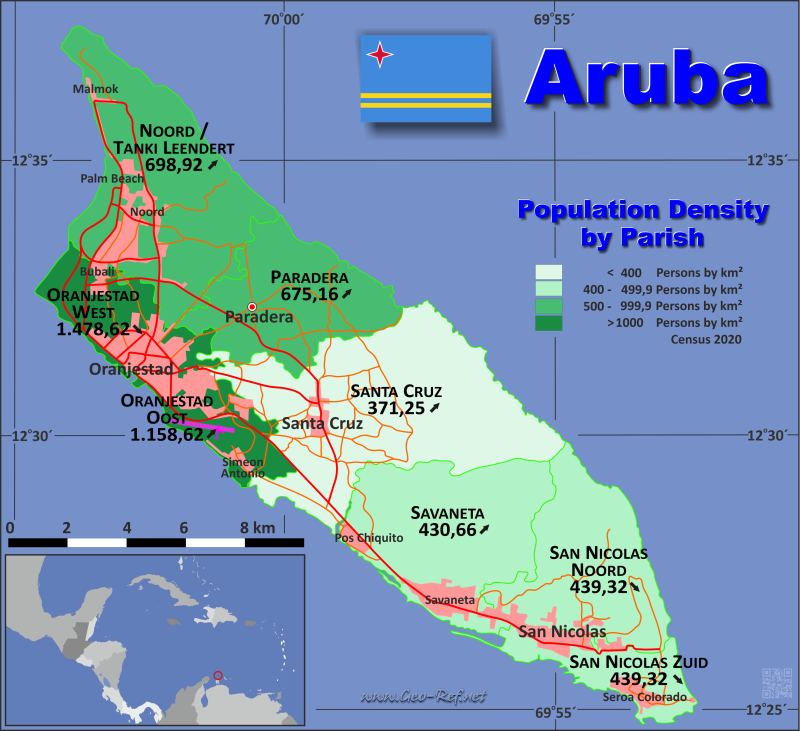 Mapa Aruba Divisin administrativa - Densidad de población 2021