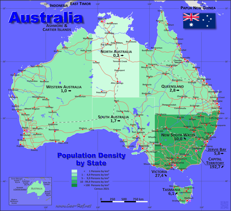 Karte Australien - Verwaltungsstruktur - Bevölkerungsdichte 2021