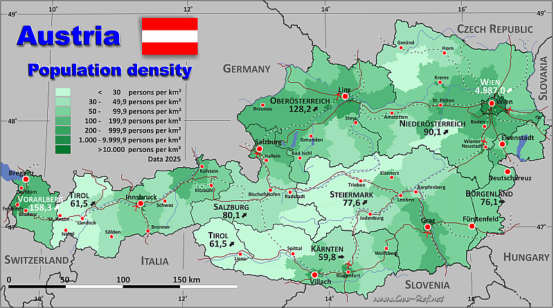 Map Austria - Administrative division - Population density 2024