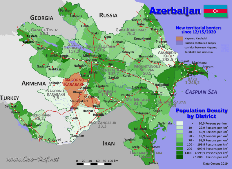 Mapa Azerbaiyán División administrativa - Densidad de población 2019