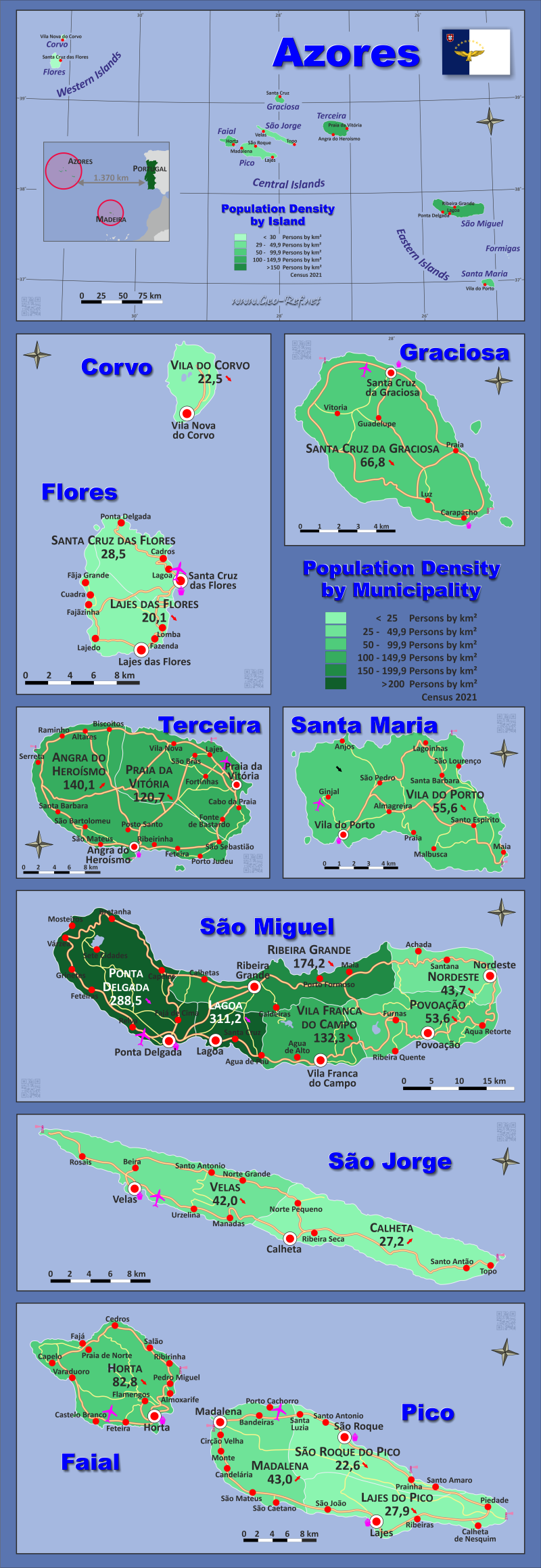 Mapa Azores División administrativa - Densidad de población 2021