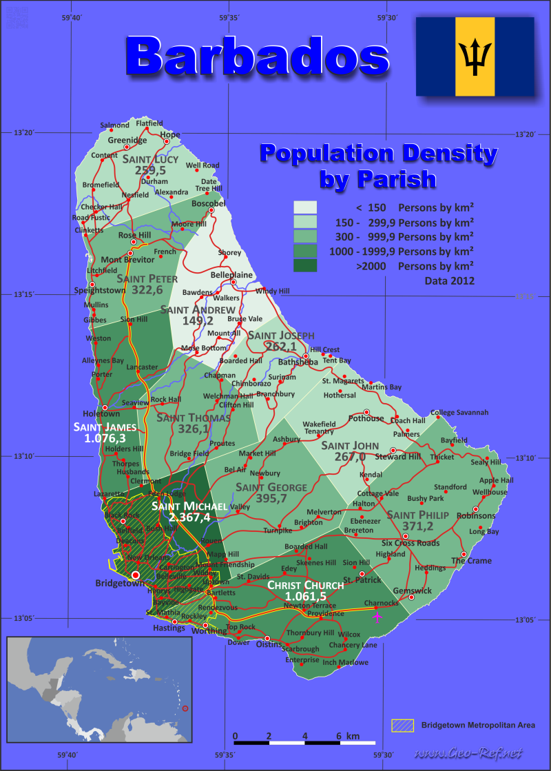 Mapa Barbados Divisin administrativa - Densidad de población 2012