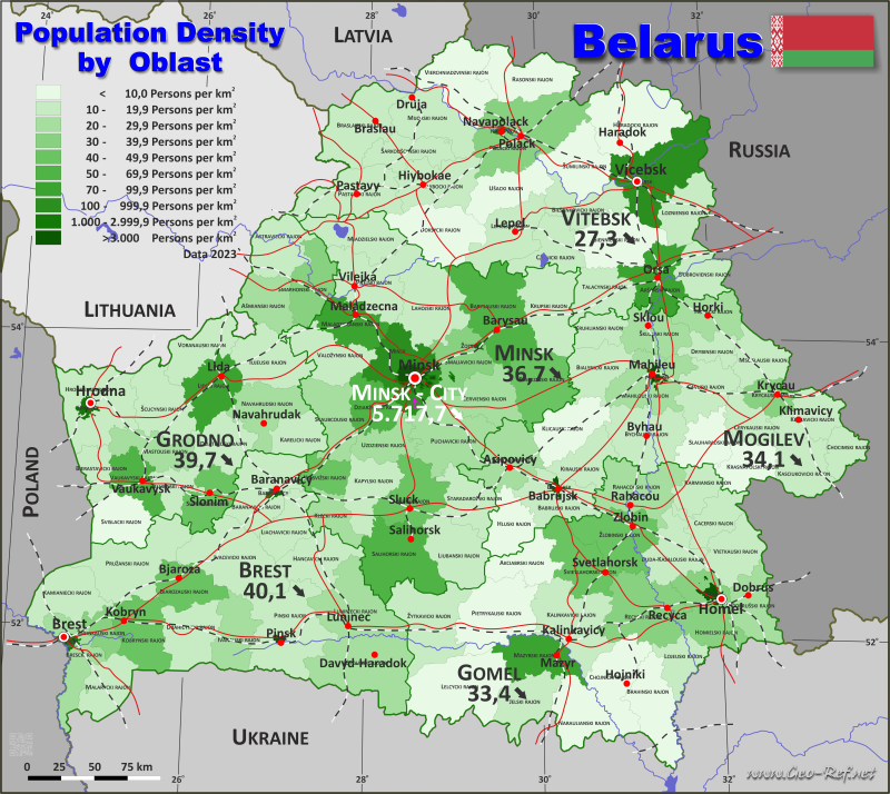 Mapa Bielorrusia Divisin administrativa - Densidad de población 2023