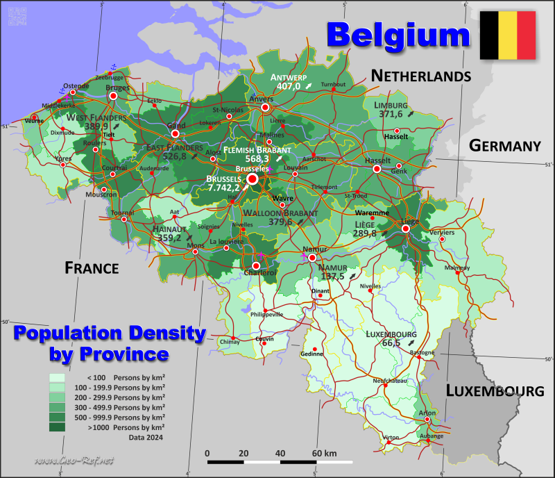 Map Belgium - Administrative division - Population density 2022