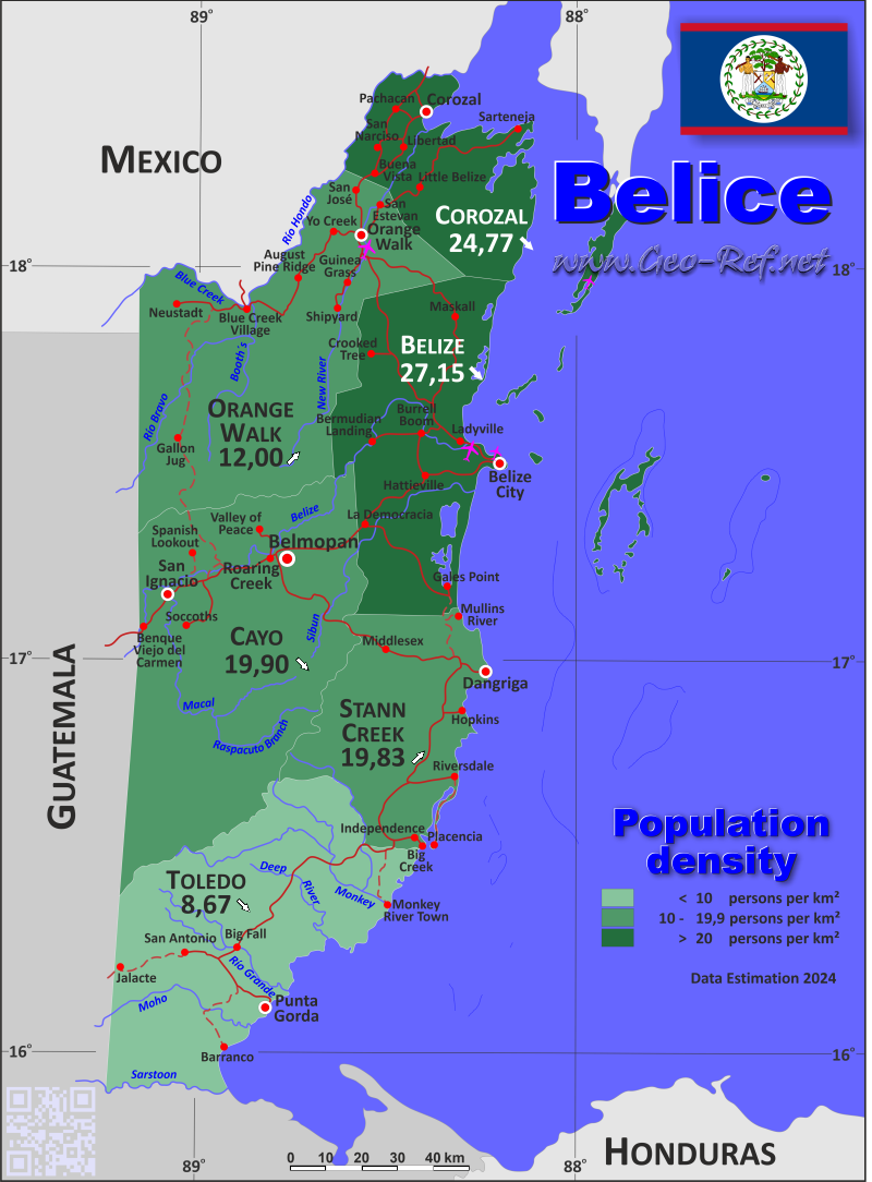 Mapa Belice Divisin administrativa - Densidad de población 2021