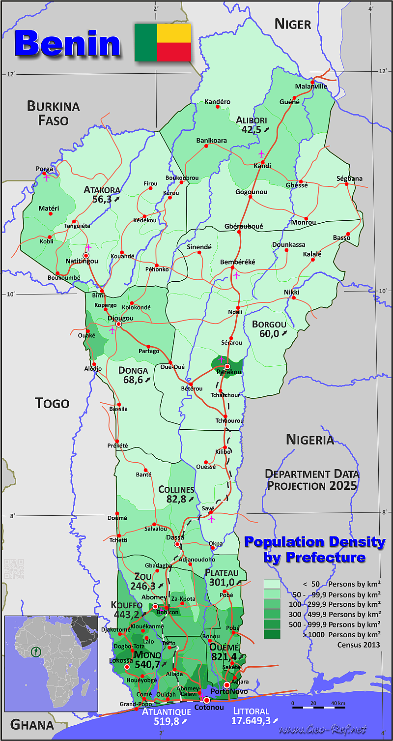 Map Benin - Administrative division - Population density 2025