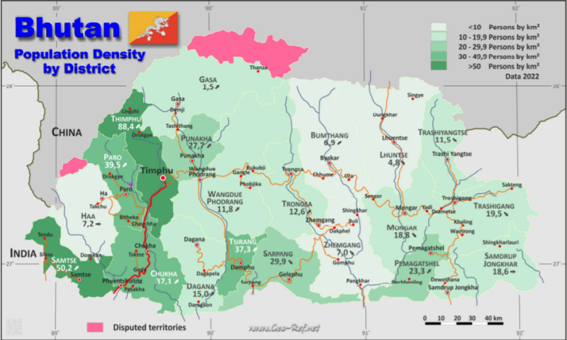 Karte Bhutan - Verwaltungsstruktur - Bevölkerungsdichte 2022