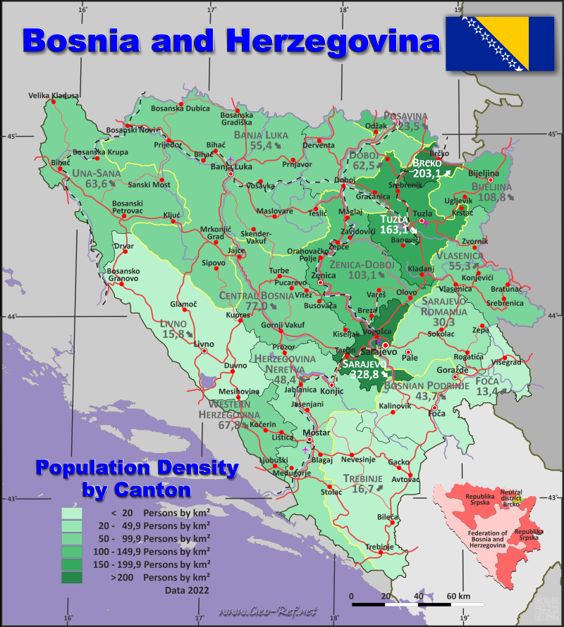 Mapa Bosnia y Herzegovina Divisin administrativa - Densidad de población 2022