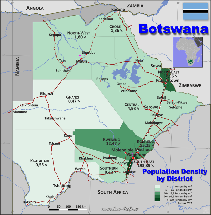 Mapa Botsuana Divisin administrativa - Densidad de población 2022