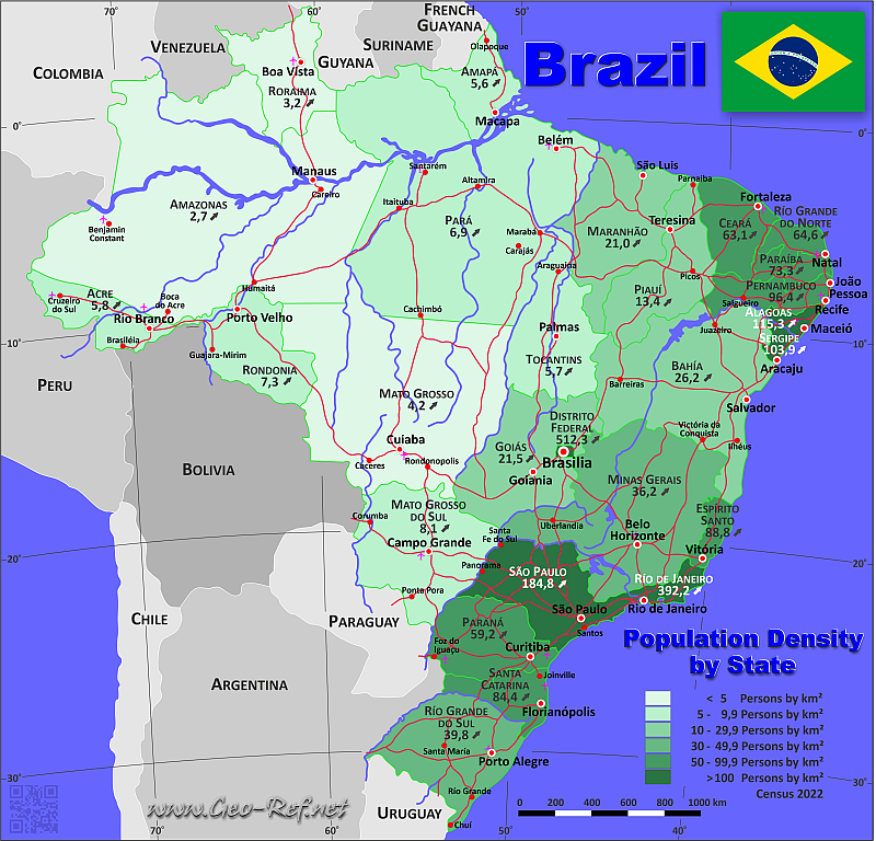 Mapa Brasil Divisin administrativa - Densidad de población 2022