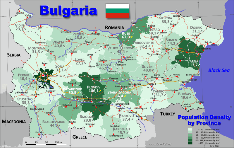 Mapa Bulgaria División administrativa - Densidad de población 2023