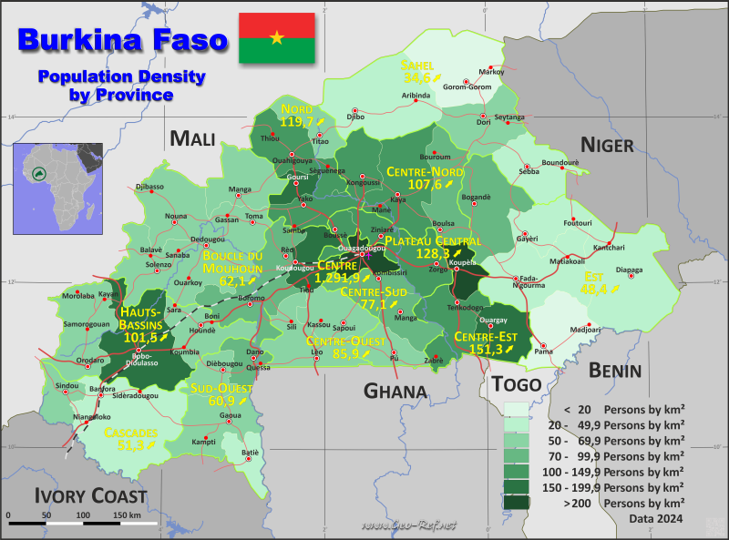 Mapa Burkina Faso Divisin administrativa - Densidad de población 2024