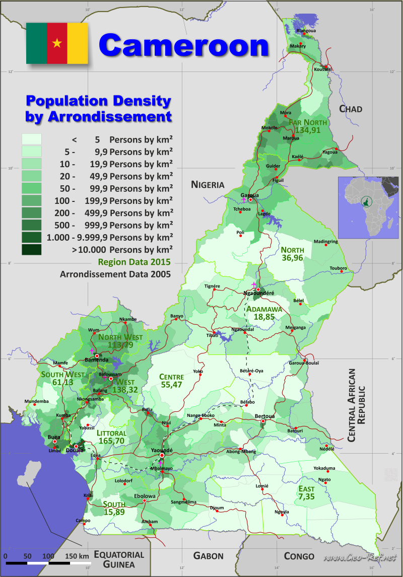 Mapa Camern Divisin administrativa - Densidad de población 2015