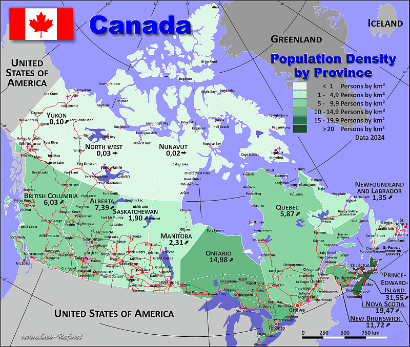 Mapa Canada Divisin administrativa - Densidad de población 2022