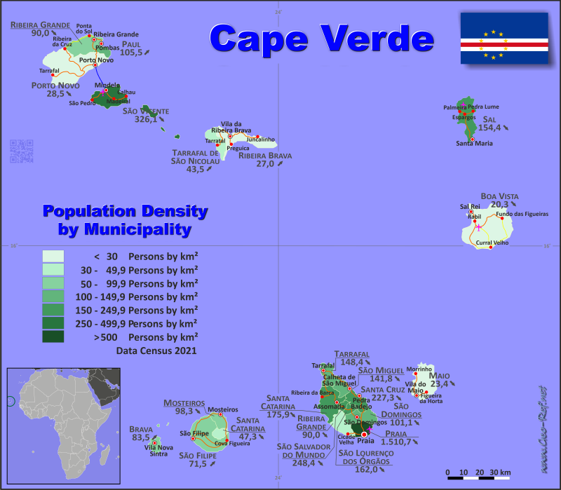 Mapa Cabo Verde Divisin administrativa - Densidad de población 2021