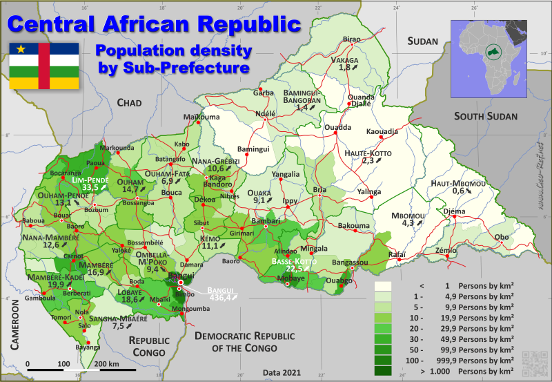 Karte Zentralafrikanische Republic - Verwaltungsstruktur - Bevölkerungsdichte 2021