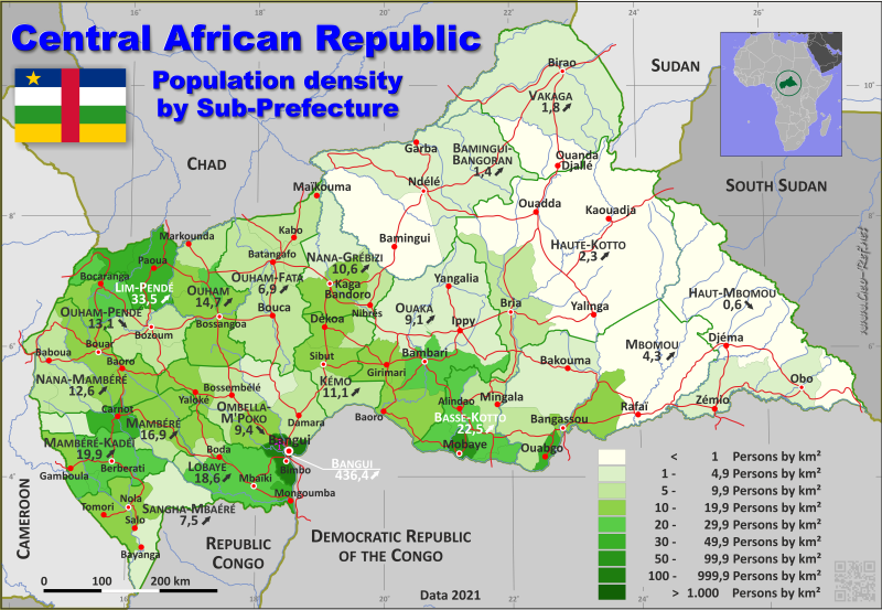 Mapa Repblica Centroafricana Divisin administrativa - Densidad de población 2021