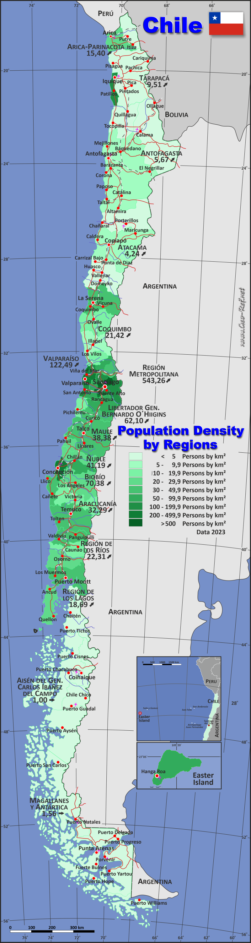 Mapa Chile Divisin administrativa - Densidad de población 2023