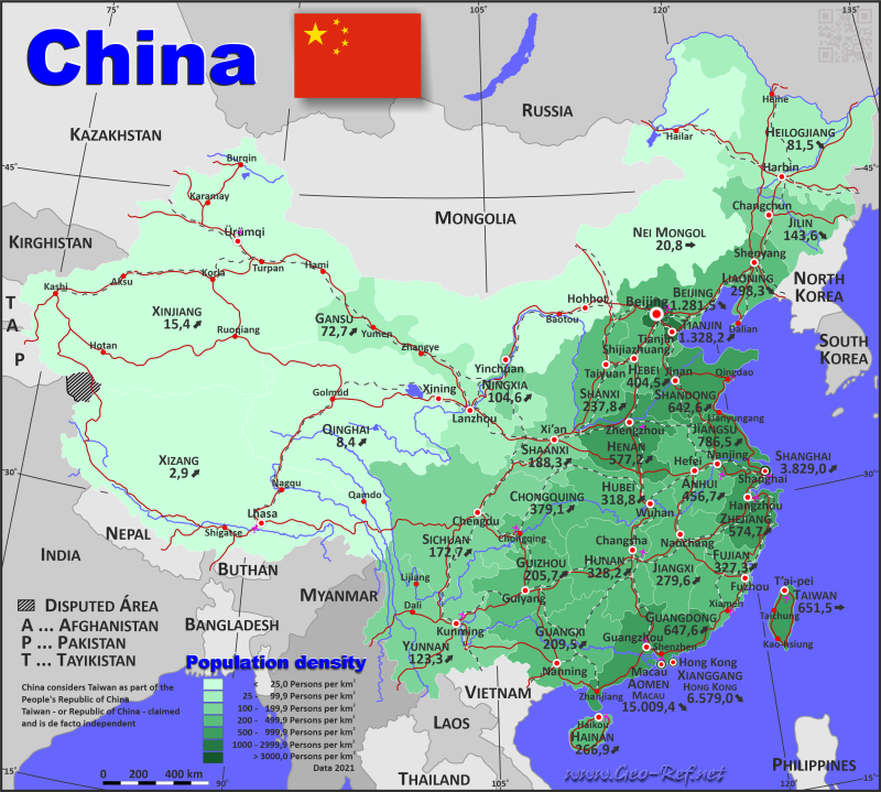 Mapa China Divisin administrativa - Densidad de población 2021