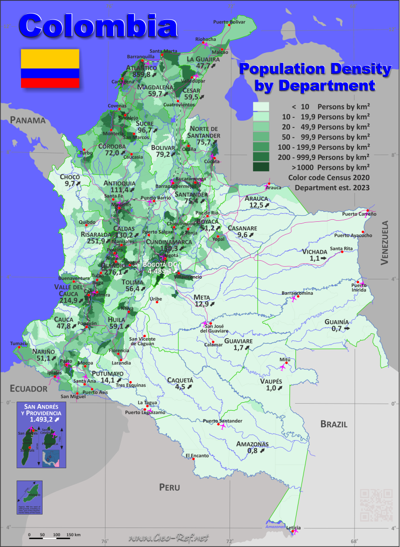 Mapa Colombia División administrativa - Densidad de población 2023