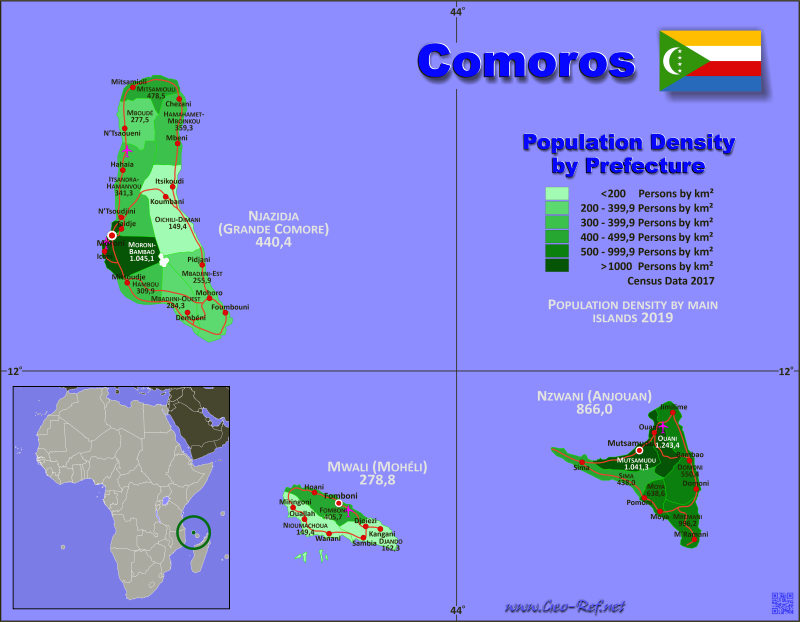 Mapa Comoras Divisin administrativa - Densidad de población 2019