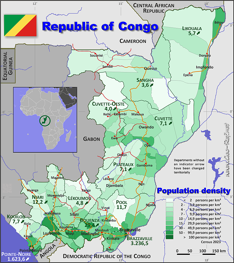 Mapa Congo - Brazaville Divisin administrativa - Densidad de población 2023