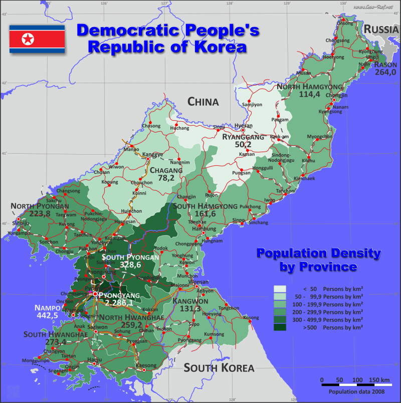 Mapa Corea del Norte División administrativa - Densidad de población 2021