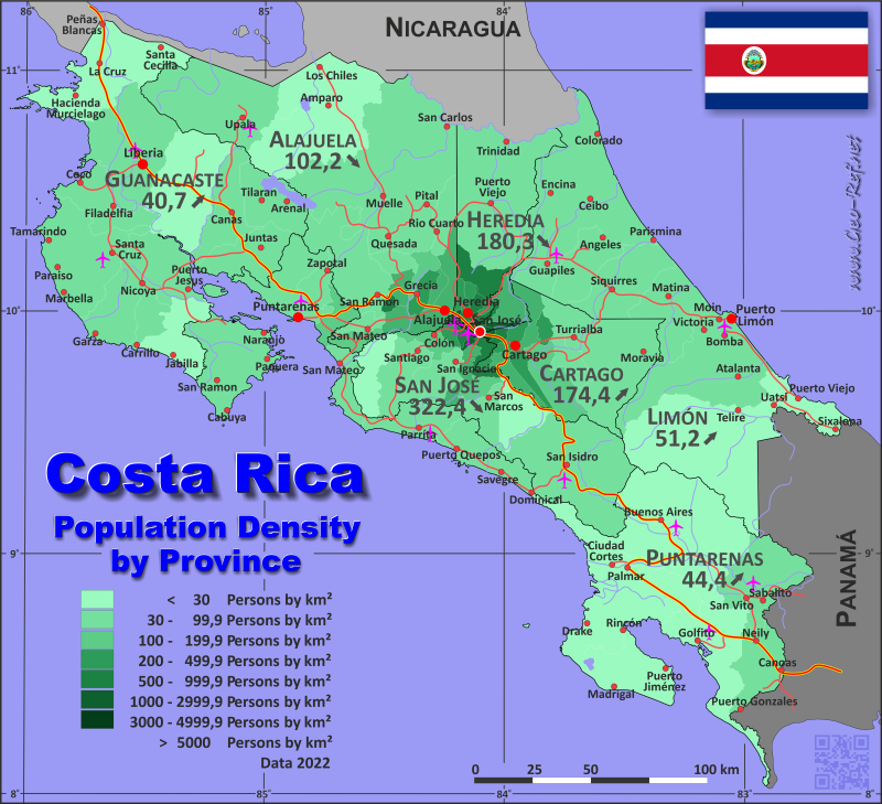 Mapa Costa Rica Divisin administrativa - Densidad de población 2022