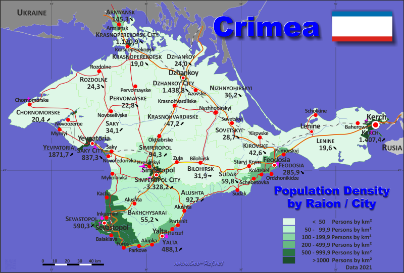 Mapa Crimea División administrativa - Densidad de población 2021