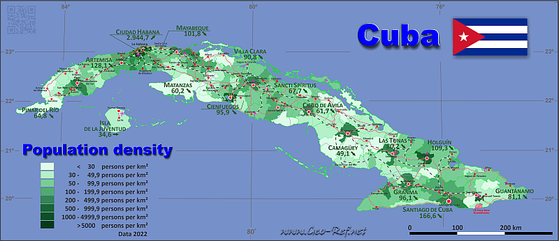 Mapa Cuba Divisin administrativa - Densidad de población 2022