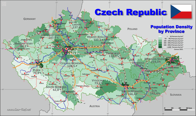 Map Czech Republic - Administrative division - Population density 2021