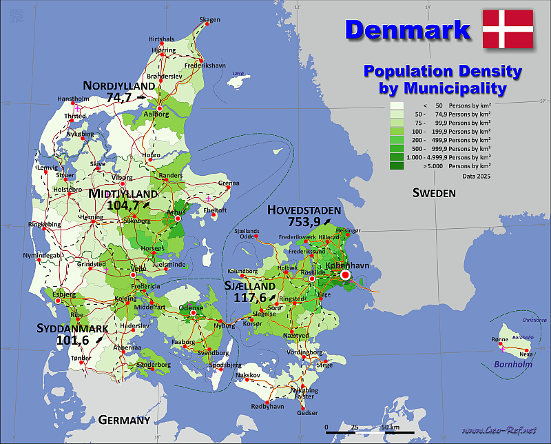 Map Denmark - Administrative division - Population density 2024