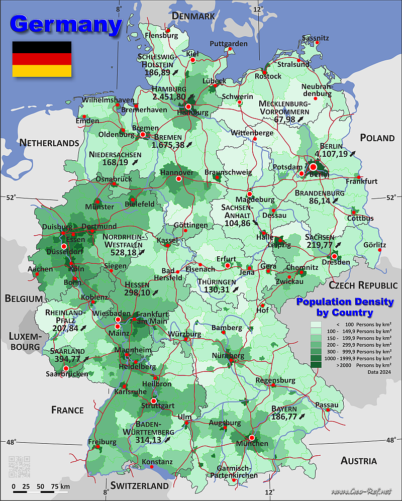 Mapa Alemania Divisin administrativa - Densidad de población 2022