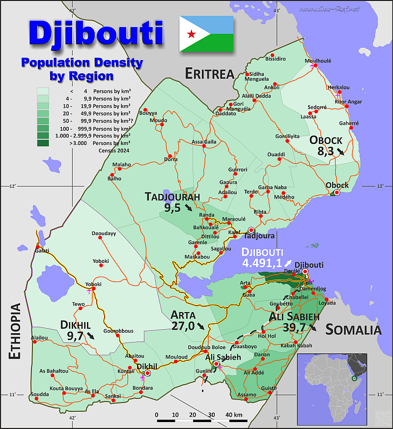 Mapa Yibuti Divisin administrativa - Densidad de población 2018