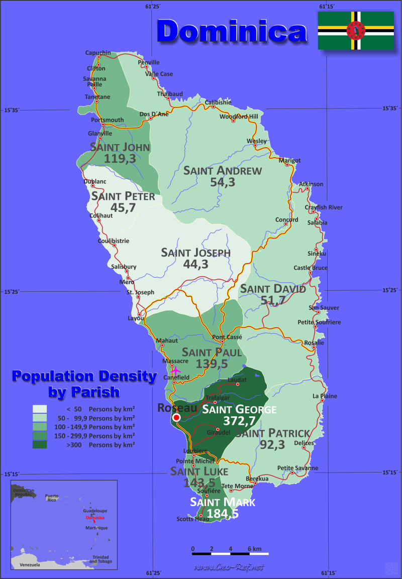 Karte Dominica - Verwaltungsstruktur - Bevölkerungsdichte 2020