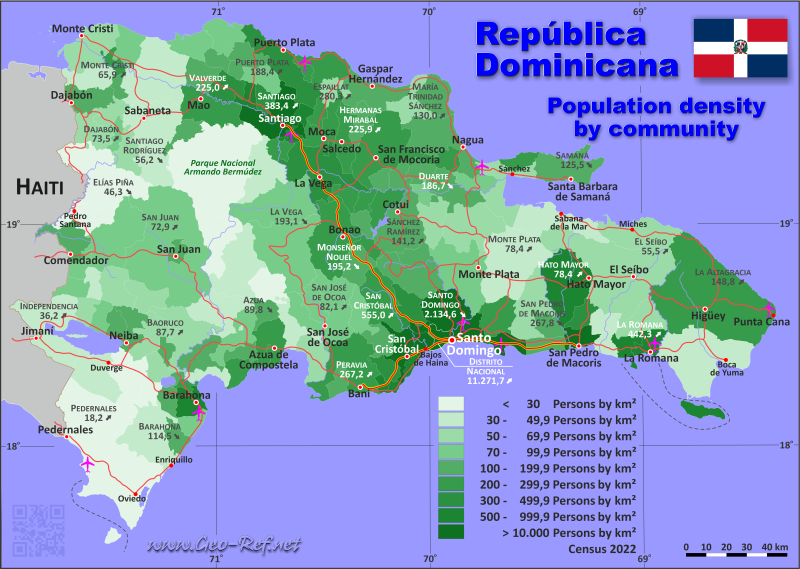 Mapa Repblica Dominicana Divisin administrativa - Densidad de población 2023