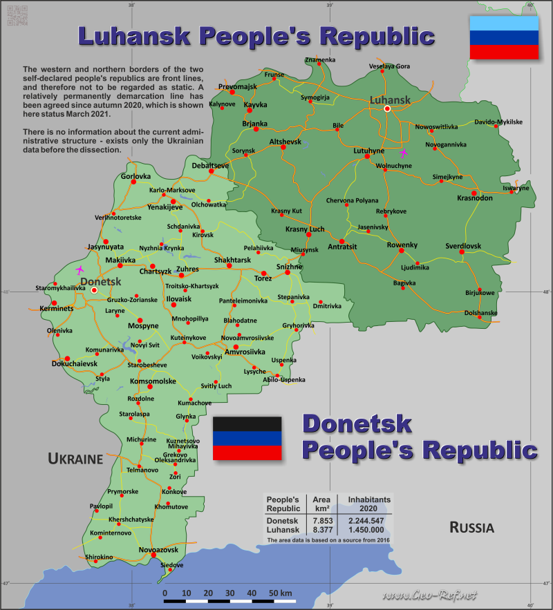 Mapa República Lugansk División administrativa - Densidad de población 2020