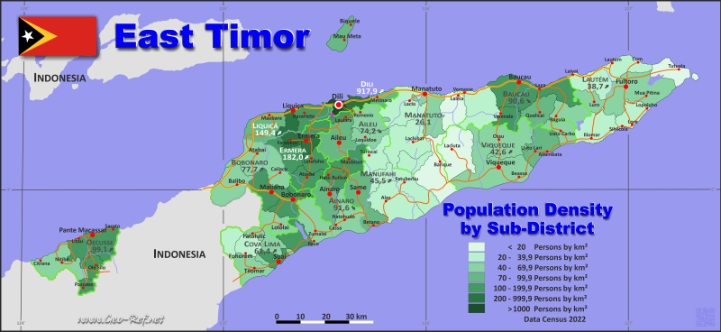 Mapa Timor Oriental Divisin administrativa - Densidad de población 2022