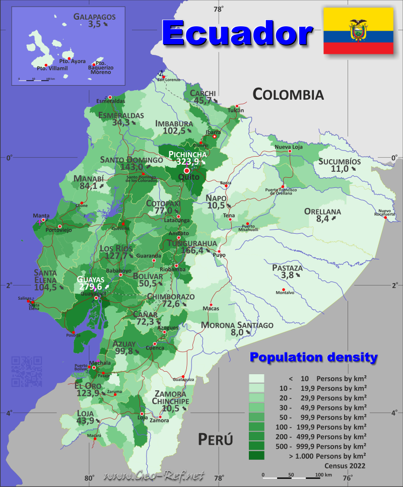 Mapa Ecuador Divisin administrativa - Densidad de población 2022