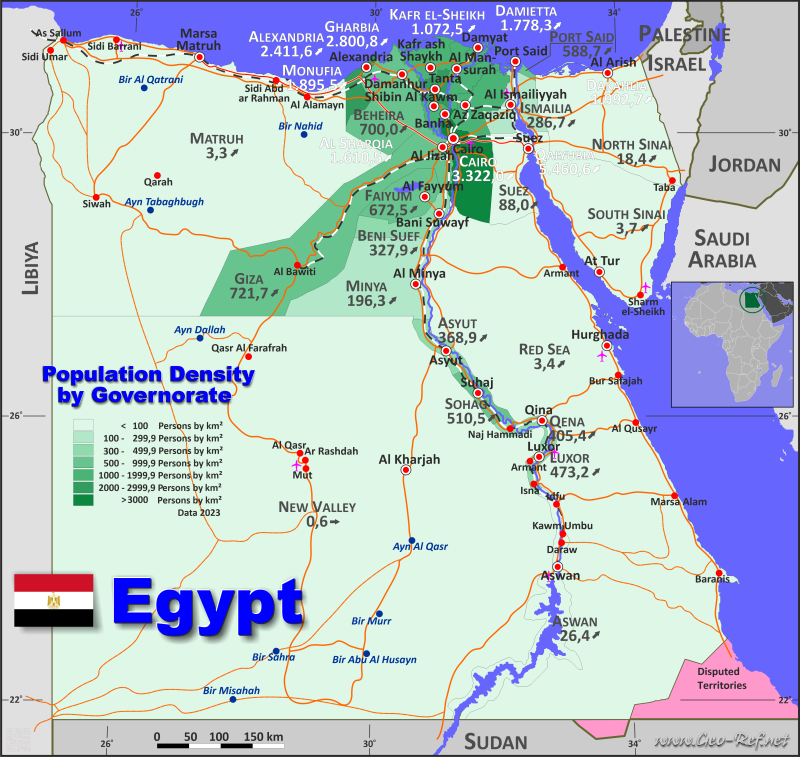 Map Egypt - Administrative division - Population density 2023