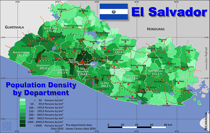 Mapa El Salvador Divisin administrativa - Densidad de población 2020