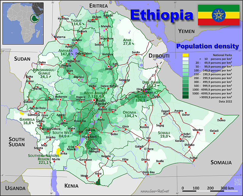 Map Ethiopia - Administrative division - Population density 2022