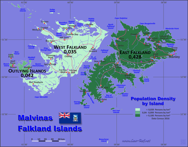 Mapa Islas Malvinas Divisin administrativa - Densidad de población 2016