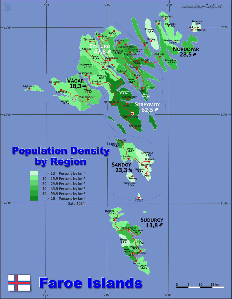 Karte Färöer - Verwaltungsstruktur - Bevölkerungsdichte 2022